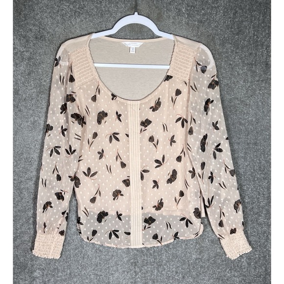 Lauren Conrad Top Womens Sz Small Swiss Dot Floral Sheer Puff Sleeves Scoop Neck - Picture 1 of 6